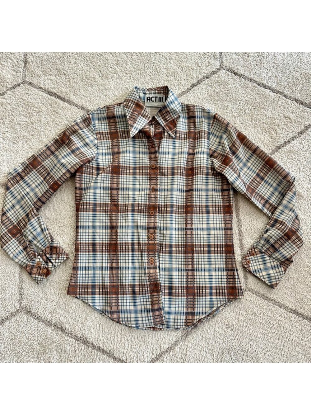 Vintage 70s ACT III Plaid Button-Up Shirt Brown Blue Cream Retro Collared Blouse